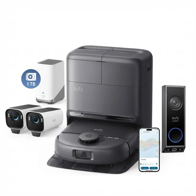 eufy-security-omni-c28-saugroboter-eufycam-s3-pro-2er-set-1tb-doorbell-e340-bund image 1