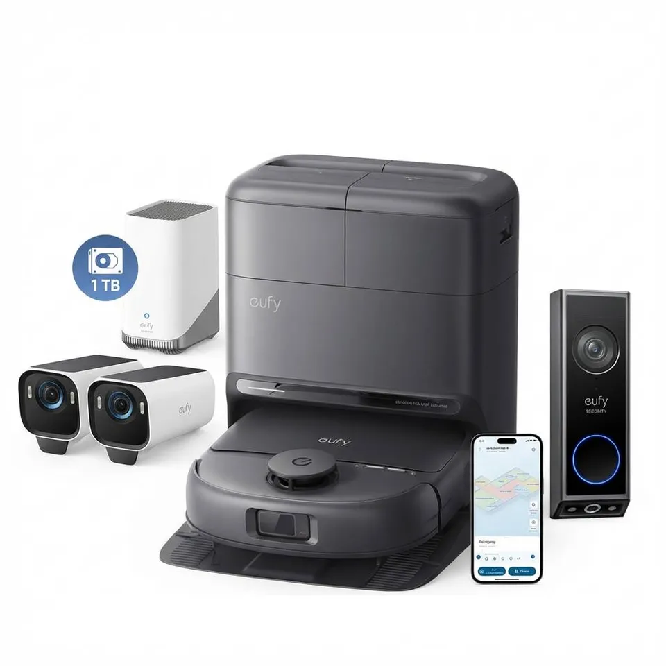 eufy-security-omni-c28-saugroboter-eufycam-s3-pro-2er-set-1tb-doorbell-e340-bund image 1